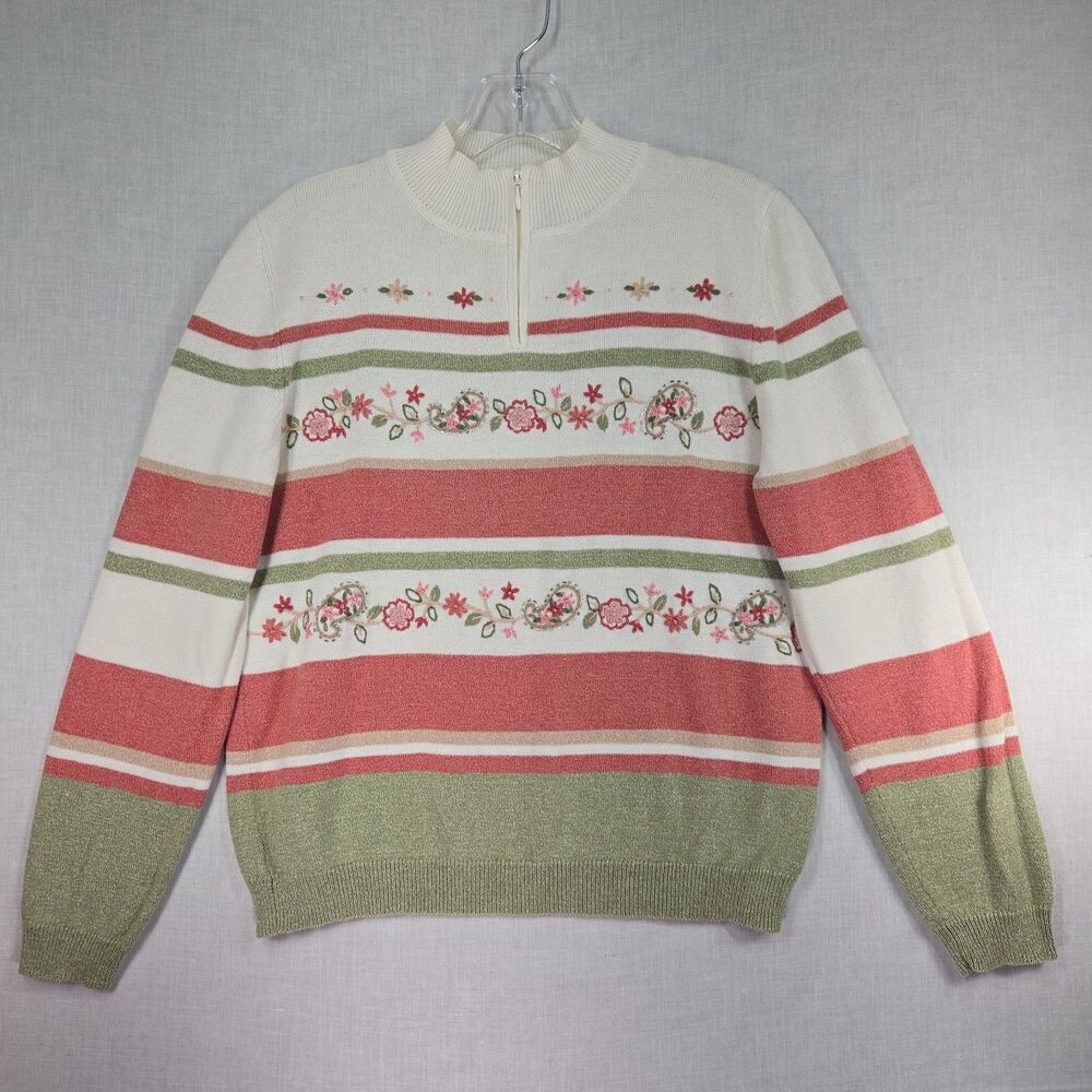 VTG Alfred Dunner Embroidered Floral Stripe Sweater 1/4 Zip Petite Med Beads